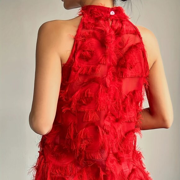 Red Fluffy Fringes Halter Neck Top Blouse - Picture 3 of 5